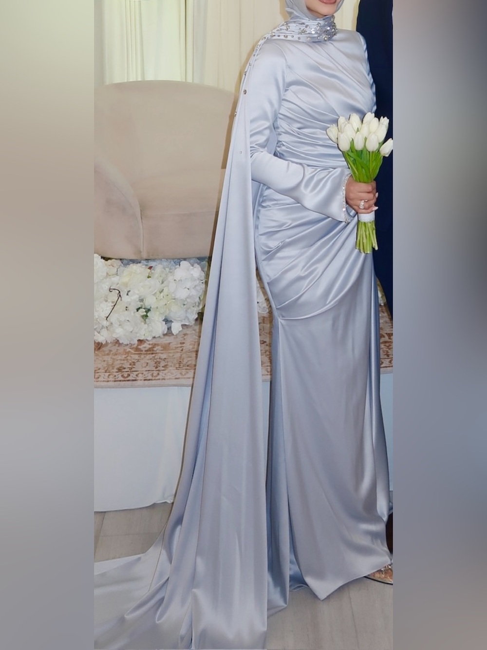 SilverSatin Draped Maxi long sleeve Evening Dress with cape